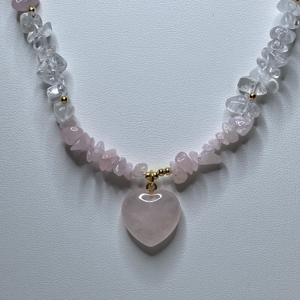 Rose Quartz Heart Pendant Beaded Necklace - Pink - Picture 3 of 9